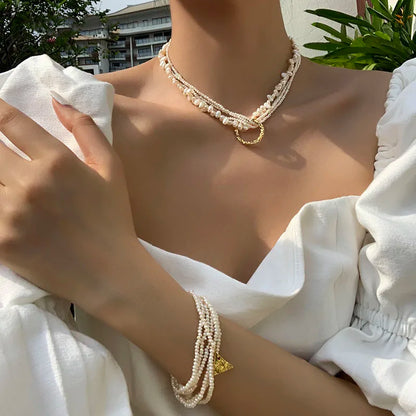 Natural Pearl Layered Necklace Women Wedding  Jewelry Runway Party Japan Souch Korea Fashion