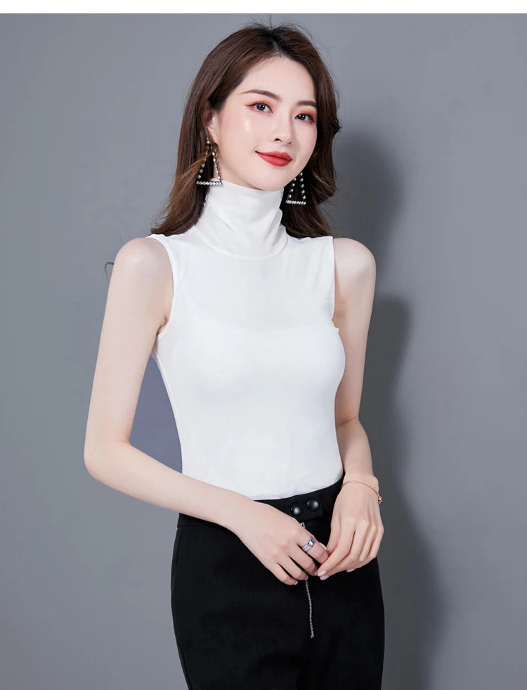 Summer Tops For Women 2025 Turtleneck Basic Sleeveless Lace Tank Tops Women Female Top Korean Tees Black White Blue