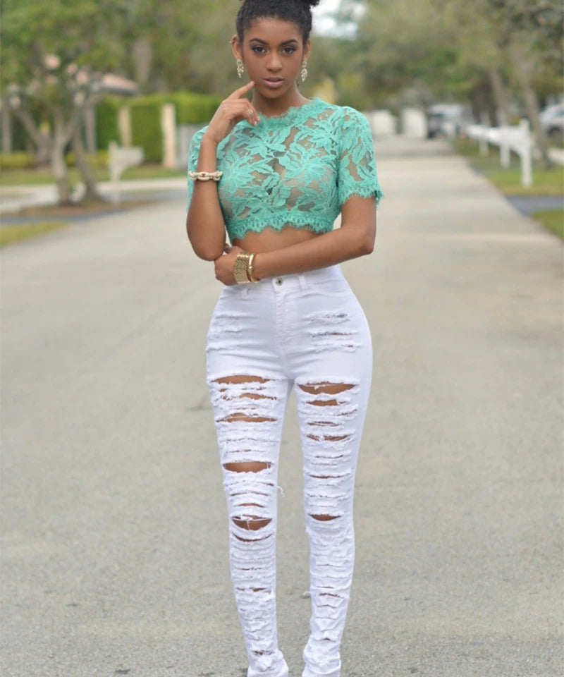 New Designer Denim Women 2025 High Waist Ripped Jeans for Women Skinny Black White Jeans Woman Elastic Slim Jean Female Femme