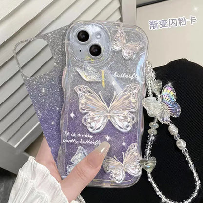 Luxury Gradient With Bracelet Chain Wave Phone Case for Iphone 14 13 12 11 15 Pro Max Glitter Bling Butterfly Mobile Phone Cases