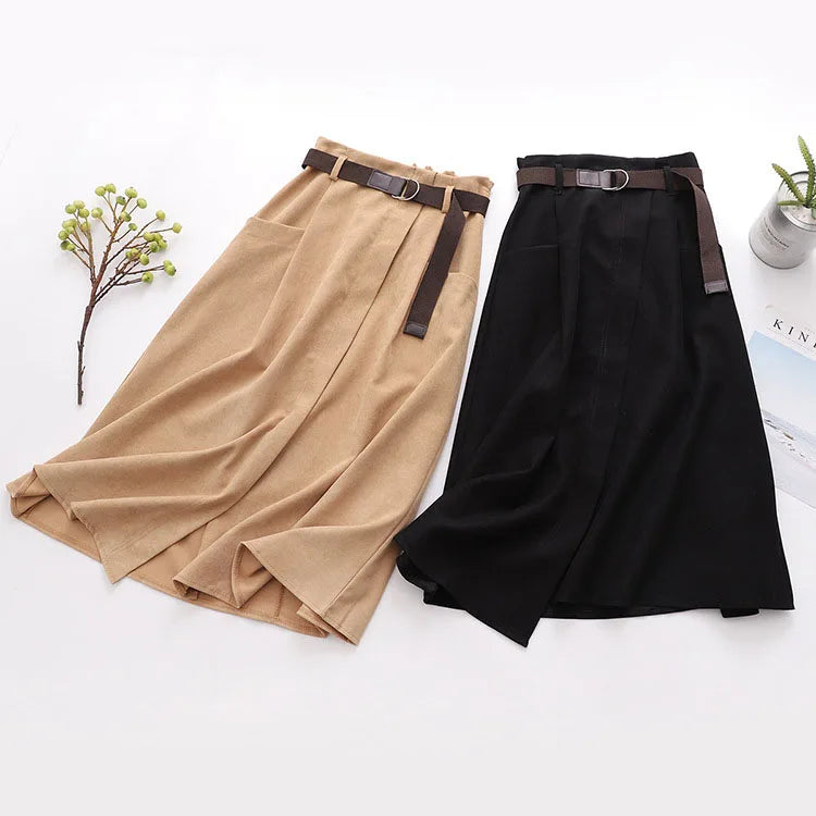 Women Casual Skirts Spring And Autumn Solid High Waist Irregular Pockets Midi Skirts Fashion Simple Elegant Saia Faldas