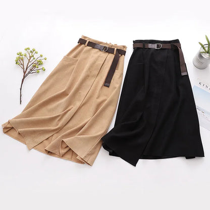 Women Casual Skirts Spring And Autumn Solid High Waist Irregular Pockets Midi Skirts Fashion Simple Elegant Saia Faldas