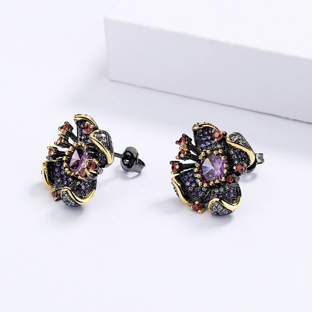 New European and American Flower Earrings Sunflower Zircon Earrings Black Gold Earrings Women's Bridal Earrings