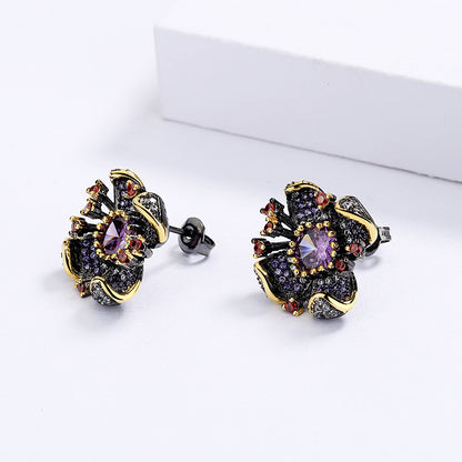 New European and American Flower Earrings Sunflower Zircon Earrings Black Gold Earrings Women's Bridal Earrings