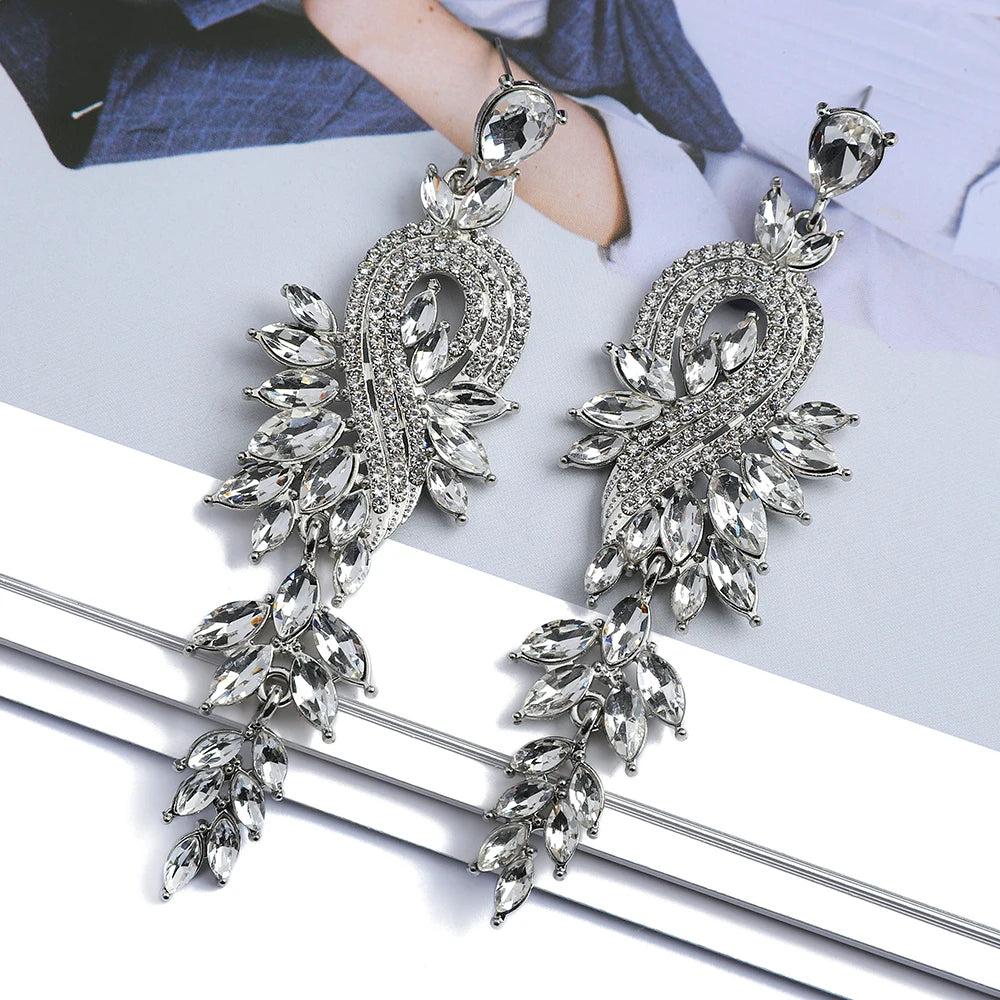 Design Dangle Earrings For Women Girl Luxury Elegant Metal Hollow Chain Leaves Crystal Brincos Pendant Jewelry Ear Accessories