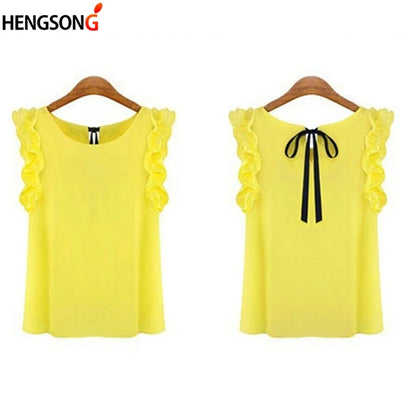 Women Blouse Tops Summer Fashion Lotus Leaf O-Neck Casual Shirt Ladies Bow Tie Chiffon Blouse White Tops 2023 New Women's Shirt