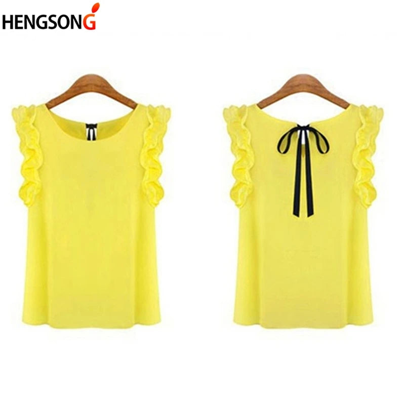 Women Blouse Tops Summer Fashion Lotus Leaf O-Neck Casual Shirt Ladies Bow Tie Chiffon Blouse White Tops 2023 New Women's Shirt