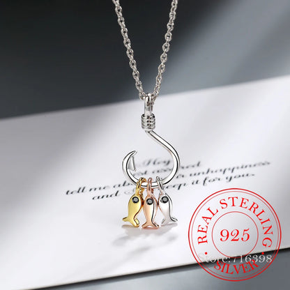 925 Sterling Silver Necklace For Women Cute Fish and Fish Hook Necklace Colar De Prata Chain Jewelry