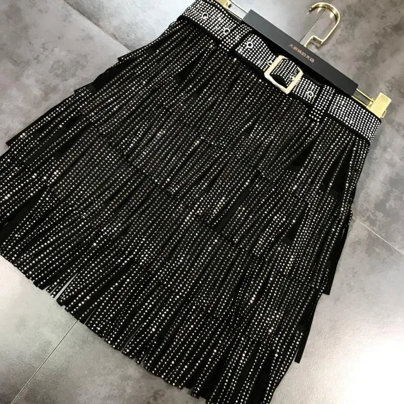 Women Skirt Fashion 2025 New Autumn High Waist Belt Multi Layer Short  Heavy Drilling Rhinestones Fringed Skirt with Cake A Line