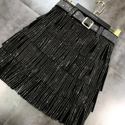 Women Skirt Fashion 2025 New Autumn High Waist Belt Multi Layer Short  Heavy Drilling Rhinestones Fringed Skirt with Cake A Line