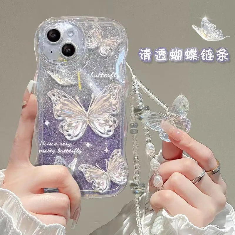 Luxury Gradient With Bracelet Chain Wave Phone Case for Iphone 14 13 12 11 15 Pro Max Glitter Bling Butterfly Mobile Phone Cases