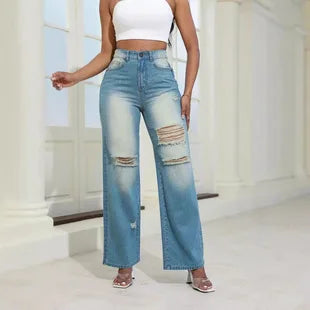 2025 Women's High Waist Straight Jeans Elegant Vintage Denim Fabric with Woven Weave Fashionable Hip Hop Style for Autumn