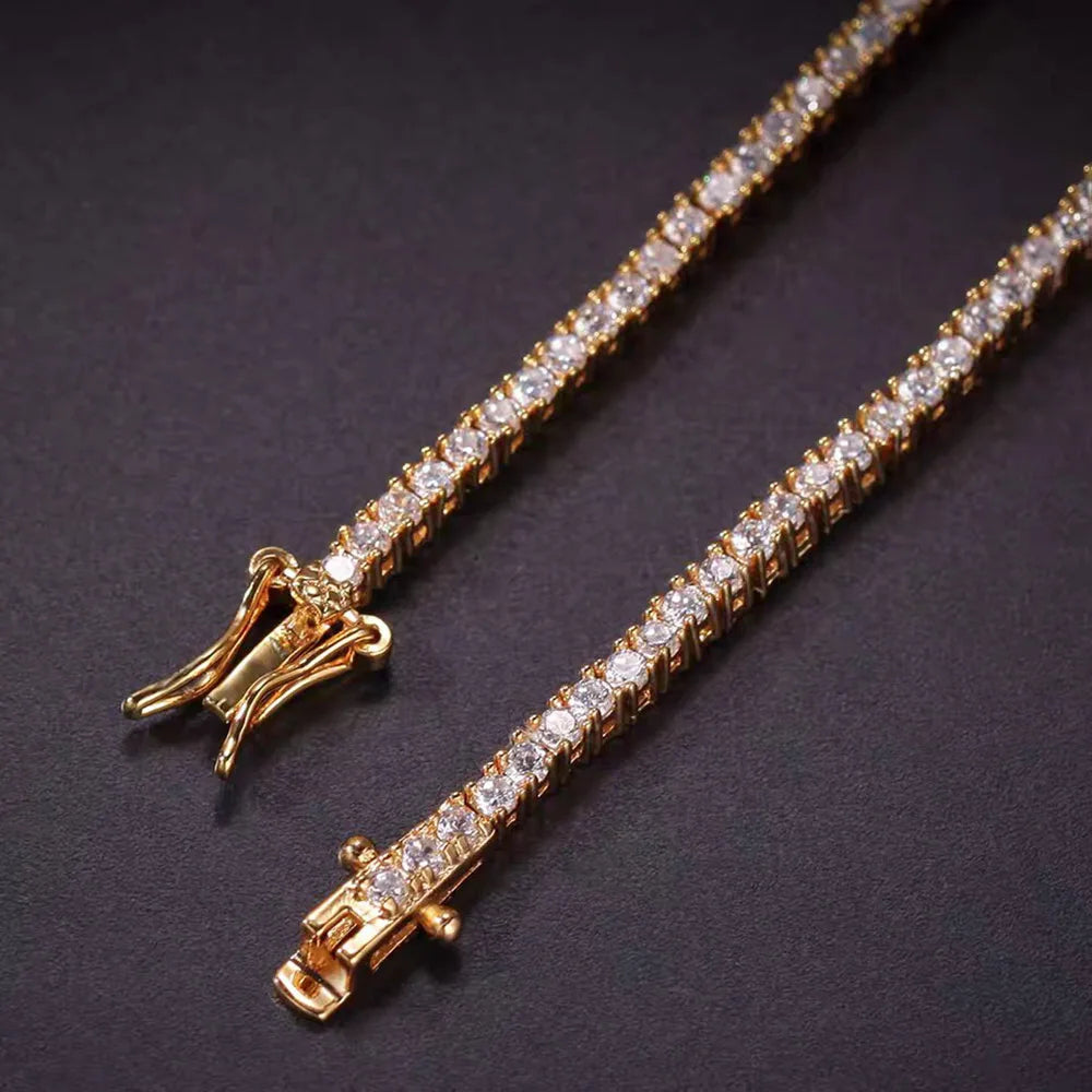 Tennis Necklace & Bracelet for Women – 2mm Pave Zircon Chain, Gold-Plated Brass, 6–20 Inch Lengths
