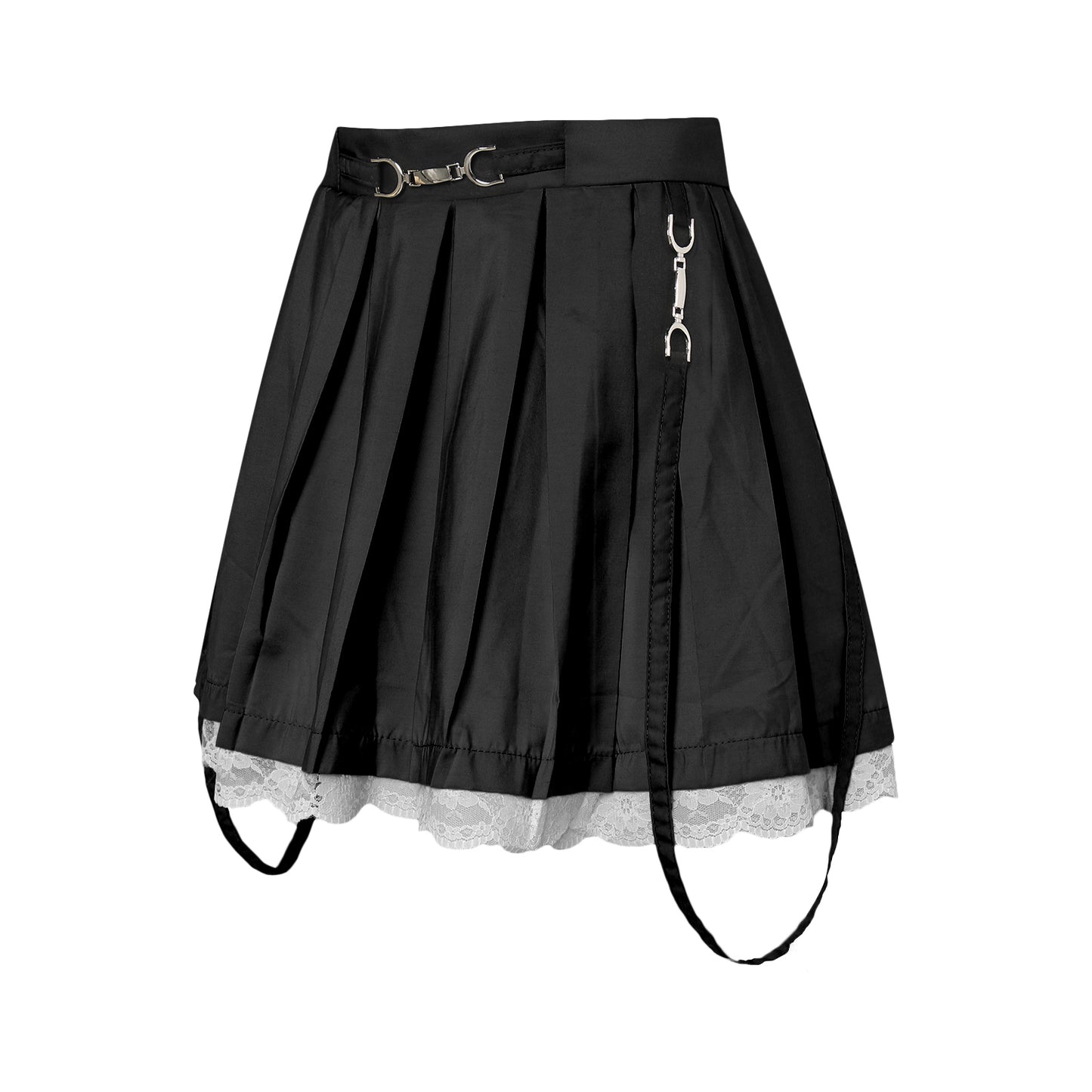 Women Skirts 2021 New Straps Decor Harakuju Lolita High Waist Mini Pleated Skirt School Girls Lace Hem Cute Streetwear