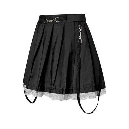Women Skirts 2021 New Straps Decor Harakuju Lolita High Waist Mini Pleated Skirt School Girls Lace Hem Cute Streetwear