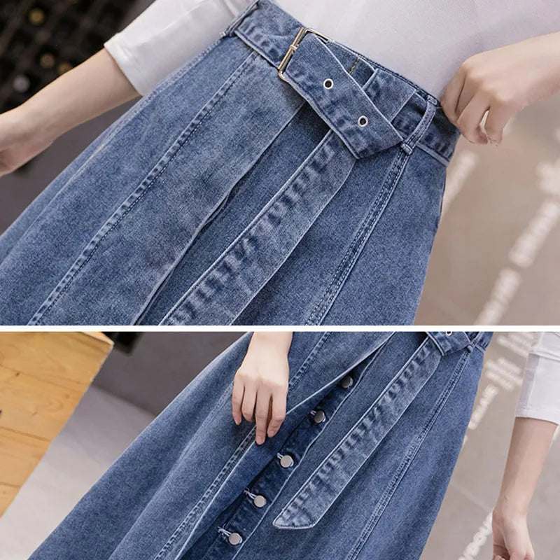 Jeans Skirt For Women Ladies Denim Long High Waist A-Line Button Clothes 2021 Summer Fashion Korean Style Elegant Outwear