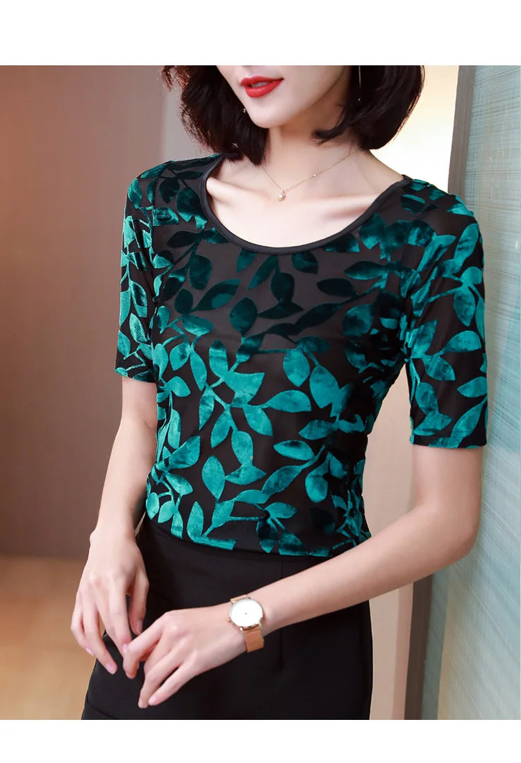 New Summer tops for Women Round neck Velvet burnt flower gauze t-shirt Short sleeve Women shirt
