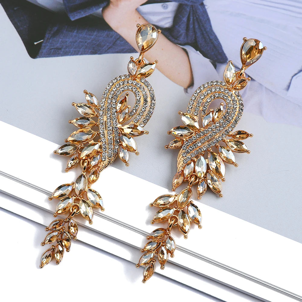 Design Dangle Earrings For Women Girl Luxury Elegant Metal Hollow Chain Leaves Crystal Brincos Pendant Jewelry Ear Accessories