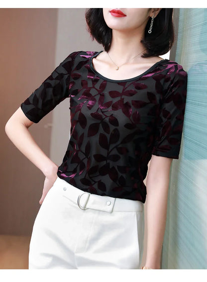 New Summer tops for Women Round neck Velvet burnt flower gauze t-shirt Short sleeve Women shirt