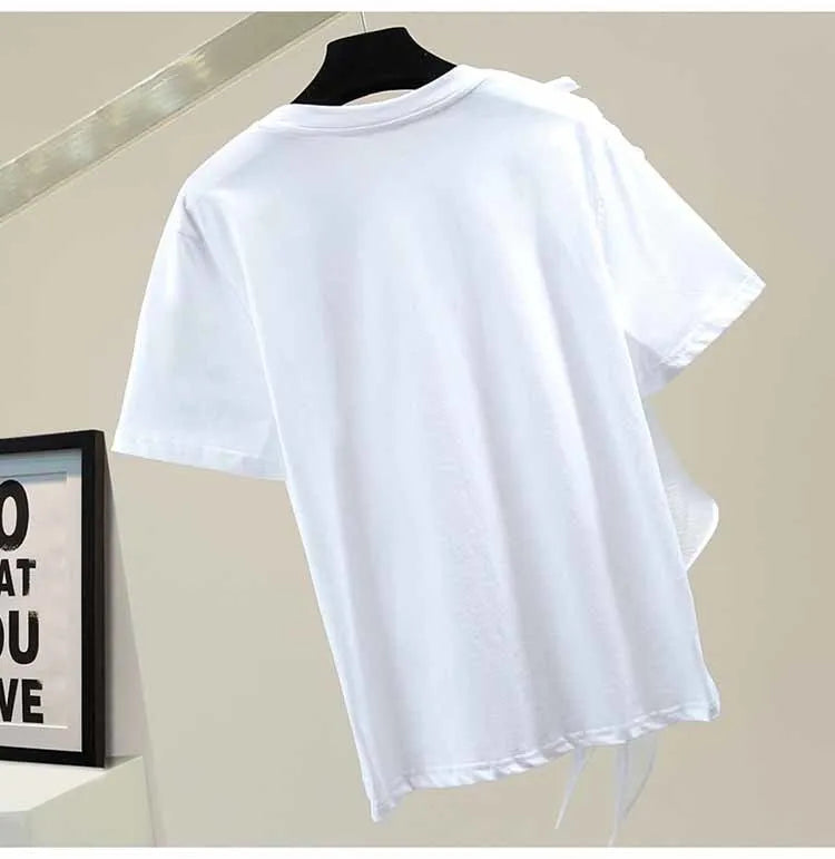 Patchwork Ruffle White Tops For Women O Neck Short Sleeve Casual T Shirt Female Fashion New Clothing 2022 Summer