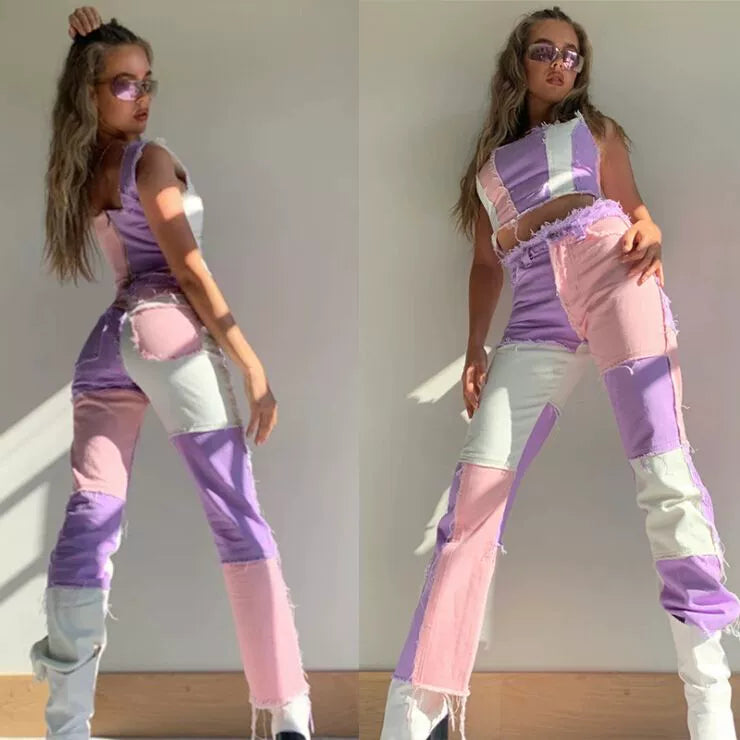 Heathered Panel High-Rise Straight-Leg Jeans Mixed Color Patchwork Denim Female