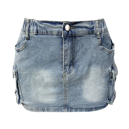 Denim Skirt Women Short Jeans Y2k Cargo Skirt Hip Wrap Elegant Splice Skirts Casual Pocket Button Streetwear Sexy Summer 2024
