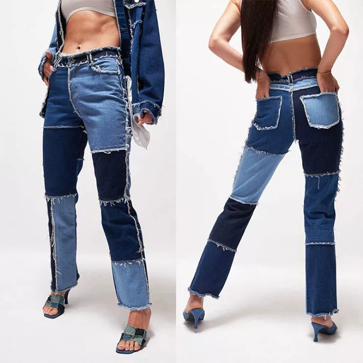 Heathered Panel High-Rise Straight-Leg Jeans Mixed Color Patchwork Denim Female