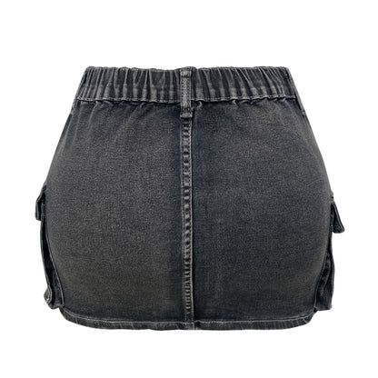 Denim Skirt Women Short Jeans Y2k Cargo Skirt Hip Wrap Elegant Splice Skirts Casual Pocket Button Streetwear Sexy Summer 2024