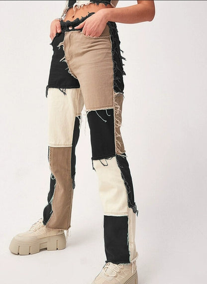 Heathered Panel High-Rise Straight-Leg Jeans Mixed Color Patchwork Denim Female