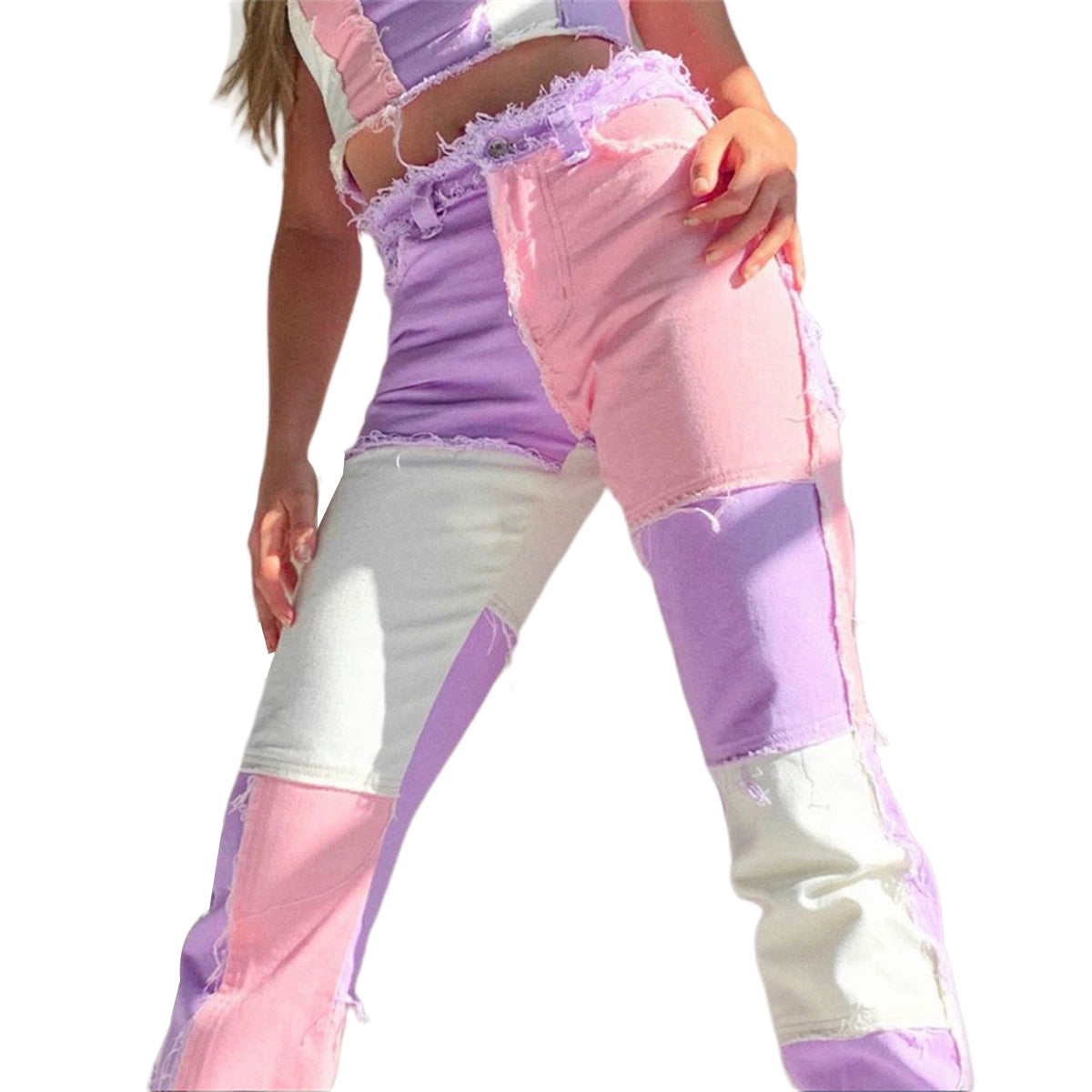 Heathered Panel High-Rise Straight-Leg Jeans Mixed Color Patchwork Denim Female