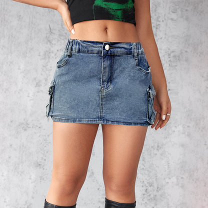 Denim Skirt Women Short Jeans Y2k Cargo Skirt Hip Wrap Elegant Splice Skirts Casual Pocket Button Streetwear Sexy Summer 2024