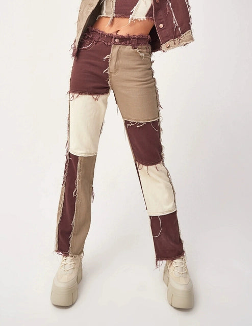 Heathered Panel High-Rise Straight-Leg Jeans Mixed Color Patchwork Denim Female