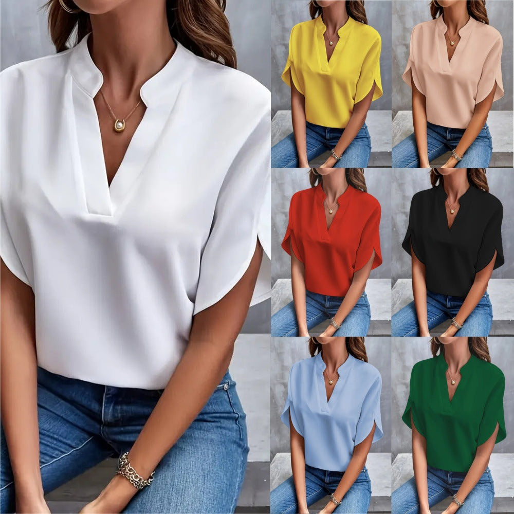 Summer Tops For Women Blouse 2024 Fashion Short Sleeve Solid V Neck Loose Shirts And Blouses Elegant Laies White Tops