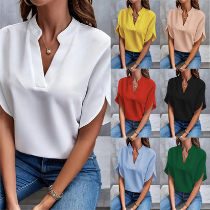 Summer Tops For Women Blouse 2024 Fashion Short Sleeve Solid V Neck Loose Shirts And Blouses Elegant Laies White Tops