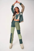 Heathered Panel High-Rise Straight-Leg Jeans Mixed Color Patchwork Denim Female