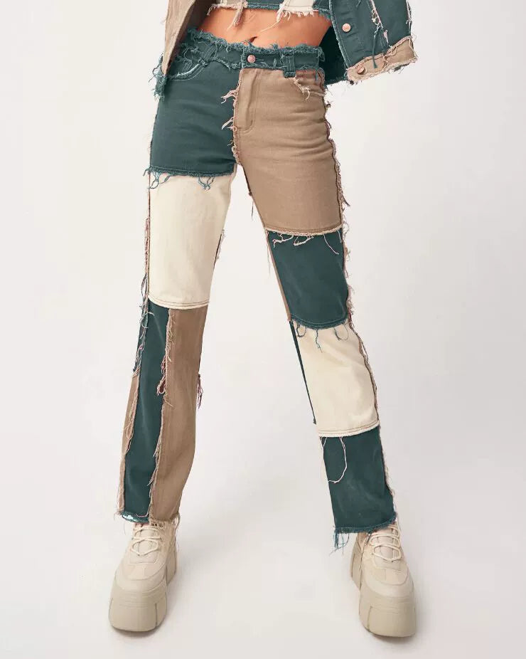 Heathered Panel High-Rise Straight-Leg Jeans Mixed Color Patchwork Denim Female