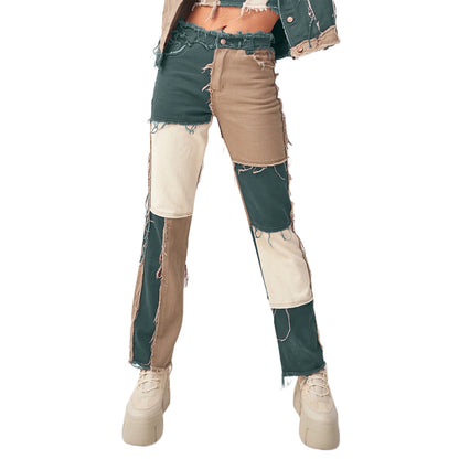 Heathered Panel High-Rise Straight-Leg Jeans Mixed Color Patchwork Denim Female