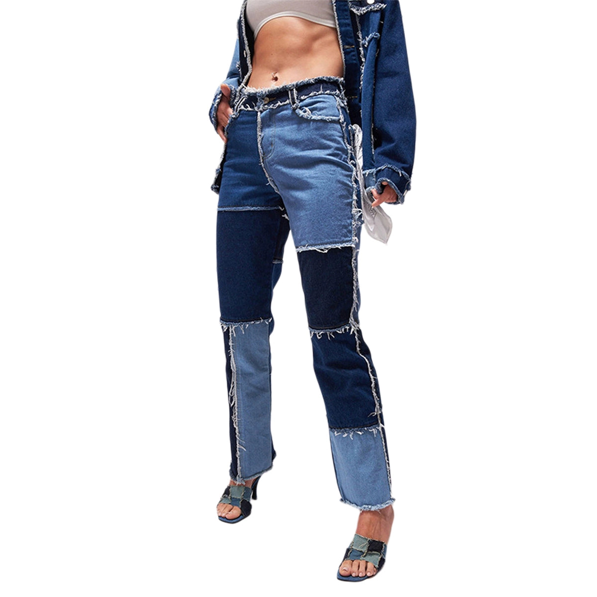 Heathered Panel High-Rise Straight-Leg Jeans Mixed Color Patchwork Denim Female
