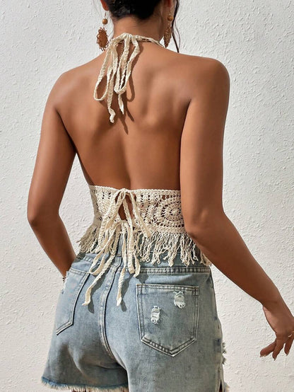 Women Summer Beach Boho Crop Tops Sexy Y2K Knitted Backless Hollow Out Tank Tops Crochet Tassels Hem Halter Bras Bustier Top