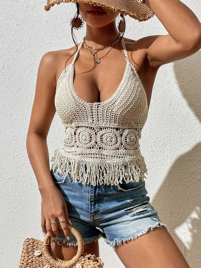 Women Summer Beach Boho Crop Tops Sexy Y2K Knitted Backless Hollow Out Tank Tops Crochet Tassels Hem Halter Bras Bustier Top