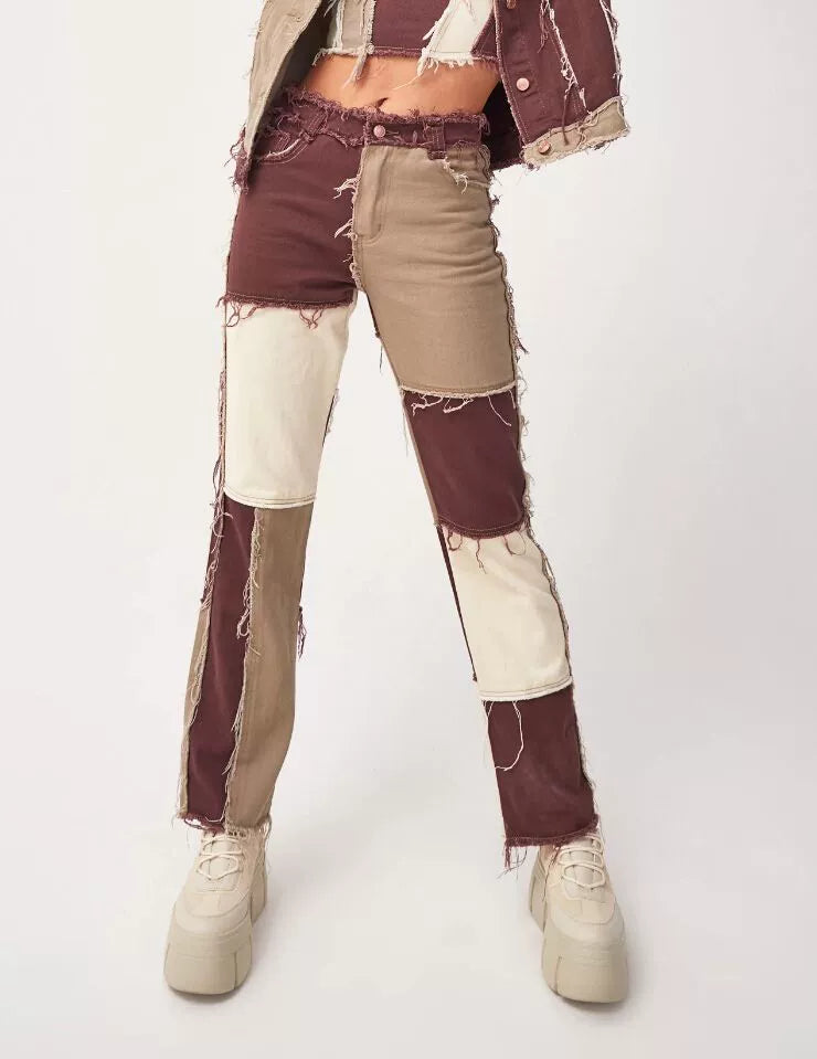 Heathered Panel High-Rise Straight-Leg Jeans Mixed Color Patchwork Denim Female