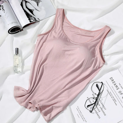 2024 Women's Vest Tops With Built In Bra Neck Vest Padded Slim Fit Tank Tops Sexy Shirts With Chest Pad Feminino Casual