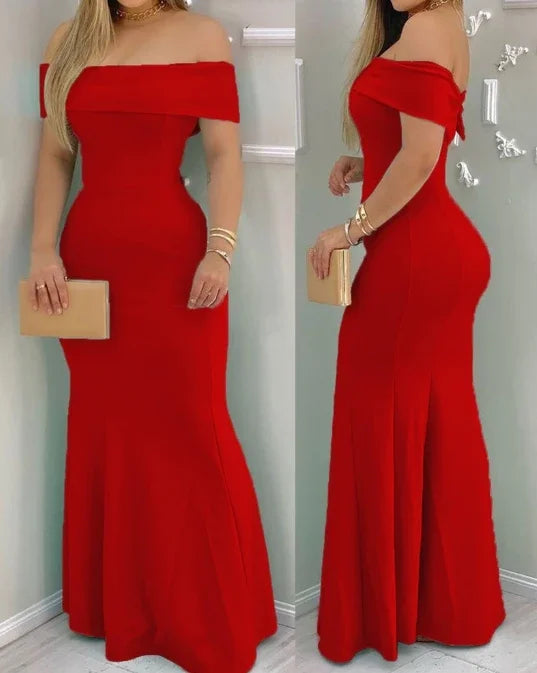 Women's Evening Dress 2025 Spring/summer Red short sleeve Ruffle Hem Bodycon Dress Wrap Hip High Waist Party Tight Maxi Dress