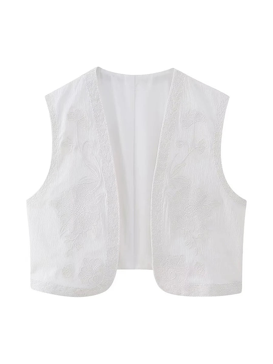 Women Vintage Embroidered Crop Vest Top Y2K Boho Floral Sleeveless Open Front Cardigan Flower Linen Vest Waistcoat Gilet Outwear