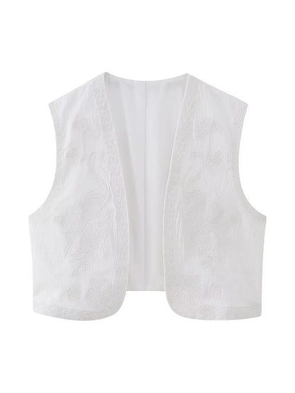 Women Vintage Embroidered Crop Vest Top Y2K Boho Floral Sleeveless Open Front Cardigan Flower Linen Vest Waistcoat Gilet Outwear
