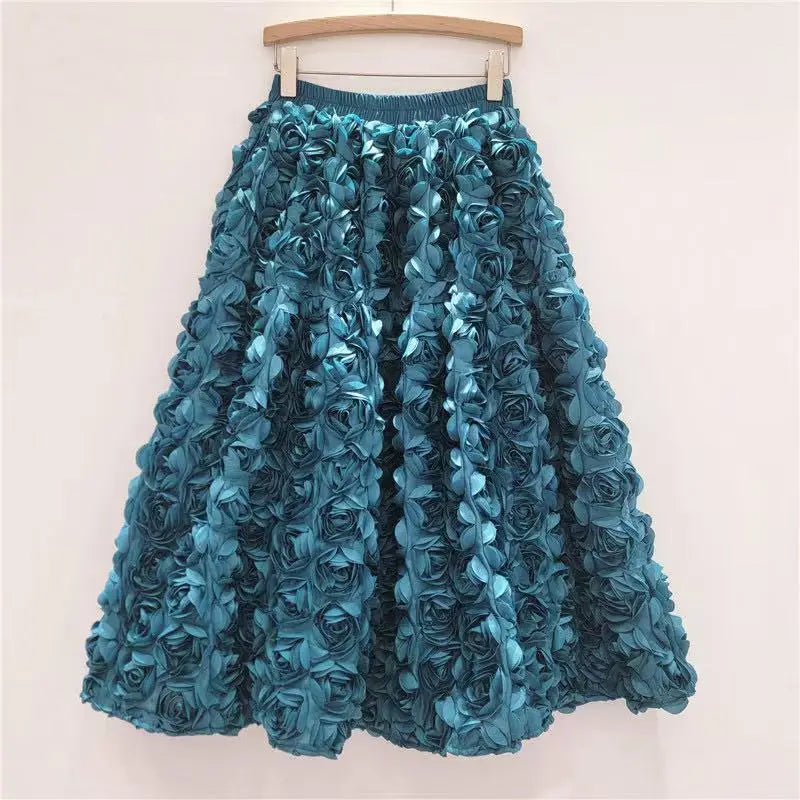 Skirt for Women 2025 Summer Versatile Three Dimensional Flower Mid-calf Skirt High Waist Big Swing Fashion A-line Long Skirts