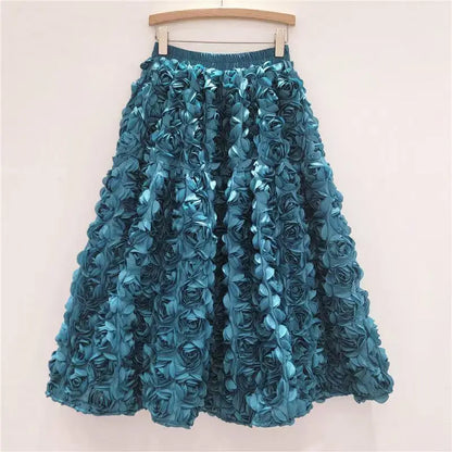 Skirt for Women 2025 Summer Versatile Three Dimensional Flower Mid-calf Skirt High Waist Big Swing Fashion A-line Long Skirts