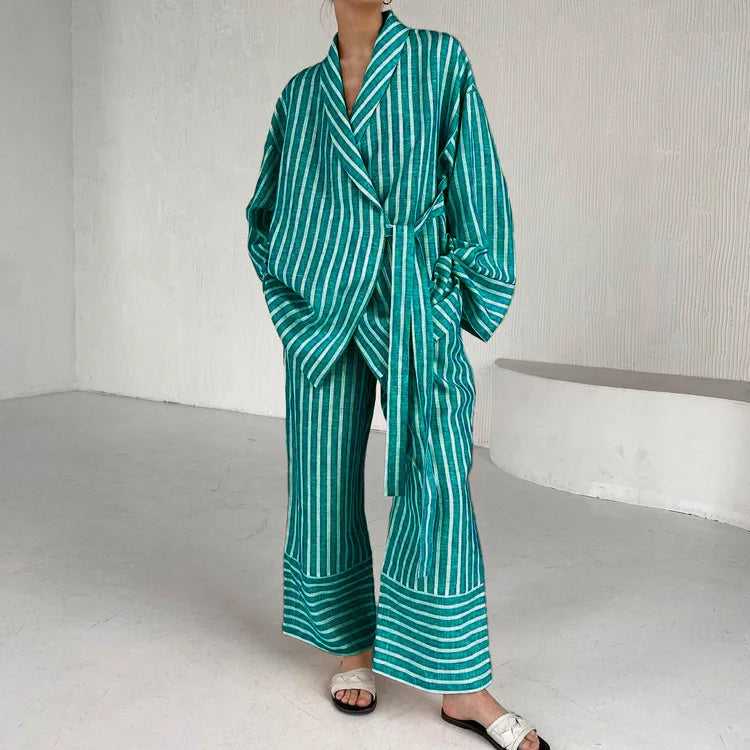 Women's Dress Sets Autumn New Striped Long-sleeved Loose Lace-up Top High-waisted Trousers Fashion Casual Suit for Women