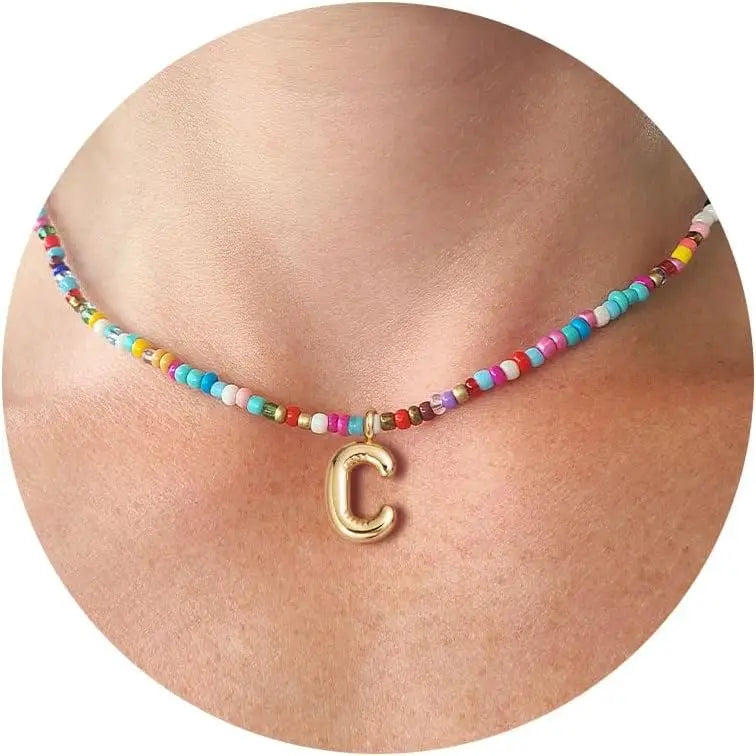 Colorful Initial Necklaces for Women Bubble Handmade Beaded Dainty Cute Beach Boho Necklace Trendy Jewelry Choker Necklace