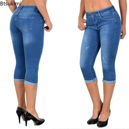 2025 Women's Summer Skinny Denim Pants Jeans Mid Waist Stretch Capri Pants Knee Length Trousers Black Blue Ladies Pencil Pants